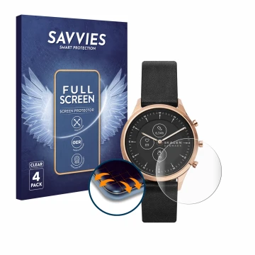 Front side of a product packaging with the brand logo Savvies. Next to it is the device Skagen Jorn Hybrid HR (38 mm) shown wi