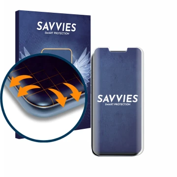 Front side of a product packaging with the brand logo Savvies. Next to it is the device Apple iPhone 13 Pro Max shown with the