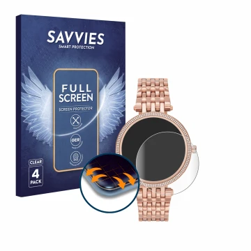 Front side of a product packaging with the brand logo Savvies. Next to it is the device Michael Kors Access Darci Gen 5E shown