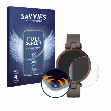 Front side of a product packaging with the brand logo Savvies. Next to it is the device Garmin Lily shown with the correspondi