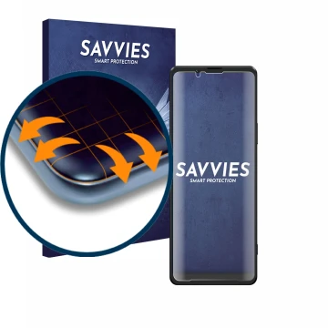 Front side of a product packaging with the brand logo Savvies. Next to it is the device Sony Xperia 1 III shown with the corre