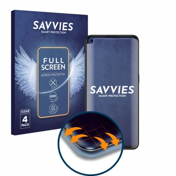 Front side of a product packaging with the brand logo Savvies. Next to it is the device Oppo Find X3 Lite shown with the corre