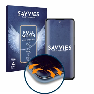 Front side of a product packaging with the brand logo Savvies. Next to it is the device Samsung Galaxy A72 shown with the corr