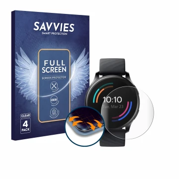 Front side of a product packaging with the brand logo Savvies. Next to it is the device OnePlus Watch shown with the correspon