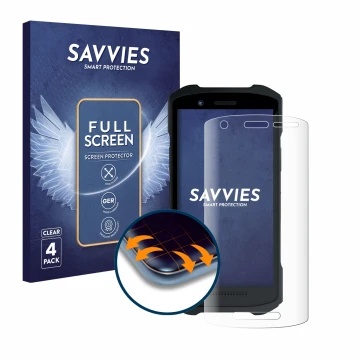 Front side of a product packaging with the brand logo Savvies. Next to it is the device Zebra TC26 shown with the correspondin
