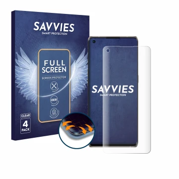 Front side of a product packaging with the brand logo Savvies. Next to it is the device Oppo Find X3 Neo shown with the corres