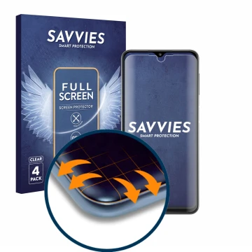 Front side of a product packaging with the brand logo Savvies. Next to it is the device Samsung Galaxy A32 shown with the corr