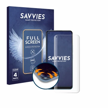 Front side of a product packaging with the brand logo Savvies. Next to it is the device realme 8 shown with the corresponding 