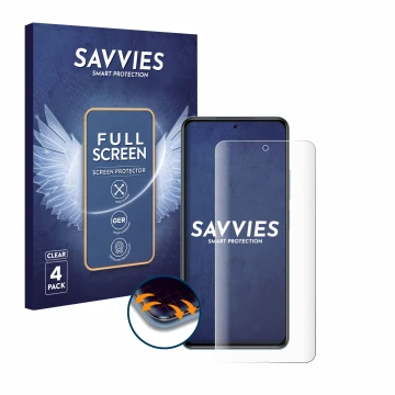 Front side of a product packaging with the brand logo Savvies. Next to it is the device Xiaomi Poco F3 shown with the correspo