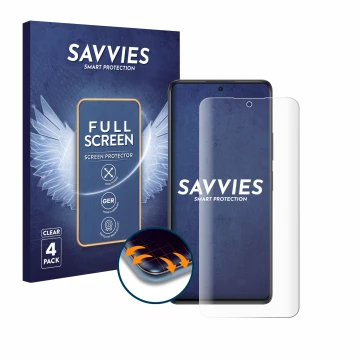 Front side of a product packaging with the brand logo Savvies. Next to it is the device Xiaomi Redmi Note 10S shown with the c