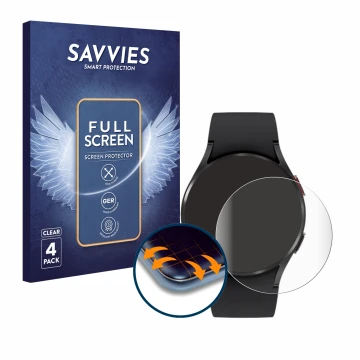 Front side of a product packaging with the brand logo Savvies. Next to it is the device Samsung Galaxy Watch 4 (40mm) shown wi
