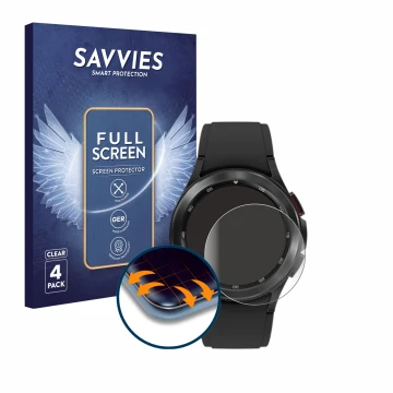 Front side of a product packaging with the brand logo Savvies. Next to it is the device Samsung Galaxy Watch 4 Classic (42mm) 