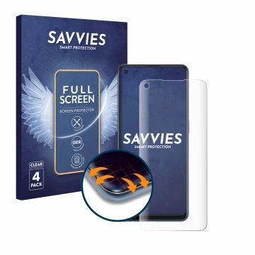 Front side of a product packaging with the brand logo Savvies. Next to it is the device Oppo A74 5G shown with the correspondi