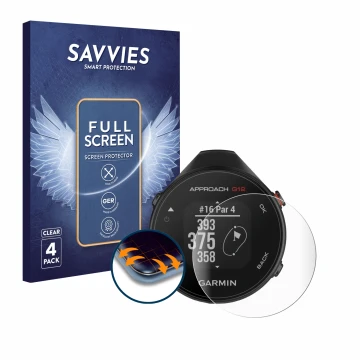 Front side of a product packaging with the brand logo Savvies. Next to it is the device Garmin Approach G12 shown with the cor