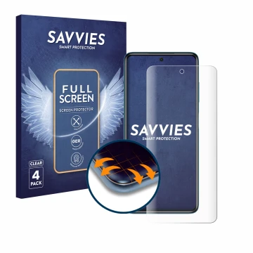 Front side of a product packaging with the brand logo Savvies. Next to it is the device Xiaomi Poco X3 Pro shown with the corr