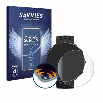 Front side of a product packaging with the brand logo Savvies. Next to it is the device Polar Vantage M2 shown with the corres