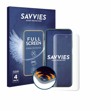 Front side of a product packaging with the brand logo Savvies. Next to it is the device Nokia X20 shown with the corresponding
