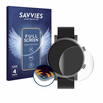 Front side of a product packaging with the brand logo Savvies. Next to it is the device Mobvoi Ticwatch E3 shown with the corr