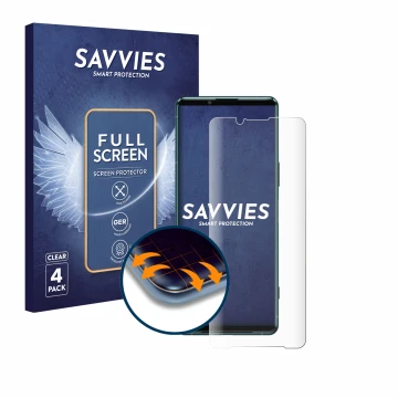 Front side of a product packaging with the brand logo Savvies. Next to it is the device Sony Xperia 5 III shown with the corre