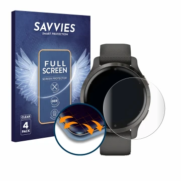 Front side of a product packaging with the brand logo Savvies. Next to it is the device Garmin Venu 2S shown with the correspo