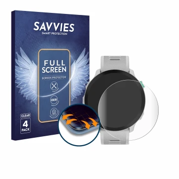 Front side of a product packaging with the brand logo Savvies. Next to it is the device Garmin Forerunner 55 shown with the co