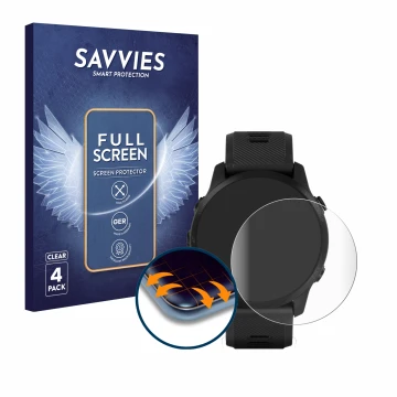 Front side of a product packaging with the brand logo Savvies. Next to it is the device Garmin Forerunner 945 LTE shown with t
