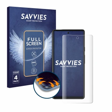 Front side of a product packaging with the brand logo Savvies. Next to it is the device Google Pixel 6 shown with the correspo