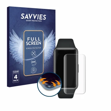 Front side of a product packaging with the brand logo Savvies. Next to it is the device Huawei Band 6 shown with the correspon