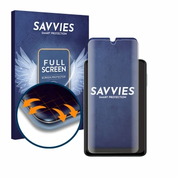 Front side of a product packaging with the brand logo Savvies. Next to it is the device Samsung Galaxy A22 4G shown with the c