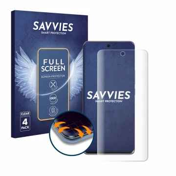 Front side of a product packaging with the brand logo Savvies. Next to it is the device Honor 50 shown with the corresponding 