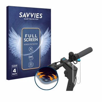 Front side of a product packaging with the brand logo Savvies. Next to it is the device Segway Ninebot KickScooter MAX G30D sh