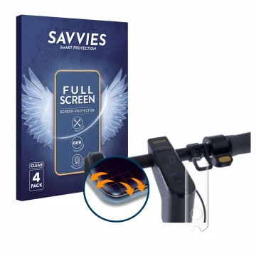 Front side of a product packaging with the brand logo Savvies. Next to it is the device Segway Ninebot KickScooter MAX G30 sho