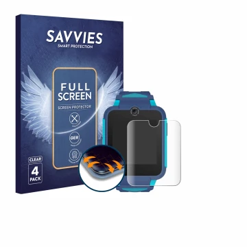 Front side of a product packaging with the brand logo Savvies. Next to it is the device TCL Movetime Family Watch 2 shown with