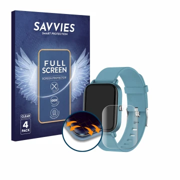 Front side of a product packaging with the brand logo Savvies. Next to it is the device Pubu Smartwatch shown with the corresp