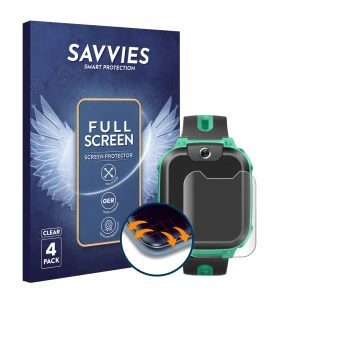 Front side of a product packaging with the brand logo Savvies. Next to it is the device Imoo Watch Phone Z1 shown with the cor
