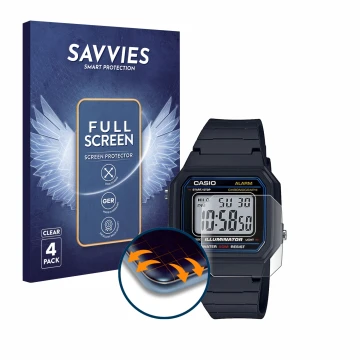 Front side of a product packaging with the brand logo Savvies. Next to it is the device Casio Unisex W-800H-1BVES shown with t