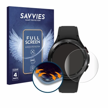 Front side of a product packaging with the brand logo Savvies. Next to it is the device Samsung Galaxy Watch 4 Classic (46mm) 
