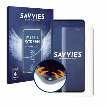 Front side of a product packaging with the brand logo Savvies. Next to it is the device Samsung Galaxy A52s 5G shown with the 