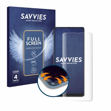 Front side of a product packaging with the brand logo Savvies. Next to it is the device Cubot Max 3 shown with the correspondi