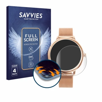 Front side of a product packaging with the brand logo Savvies. Next to it is the device Naixues Smartwatch CF80 1.08