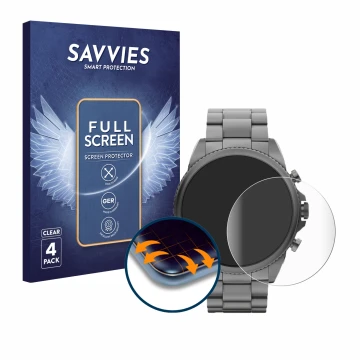 Front side of a product packaging with the brand logo Savvies. Next to it is the device Fossil Gen 6 (44mm) shown with the cor