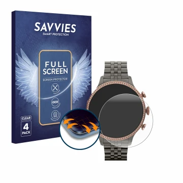Front side of a product packaging with the brand logo Savvies. Next to it is the device Fossil Gen 6 (42mm) shown with the cor
