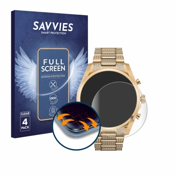 Front side of a product packaging with the brand logo Savvies. Next to it is the device Michael Kors Access Gen 6 Bradshaw sho