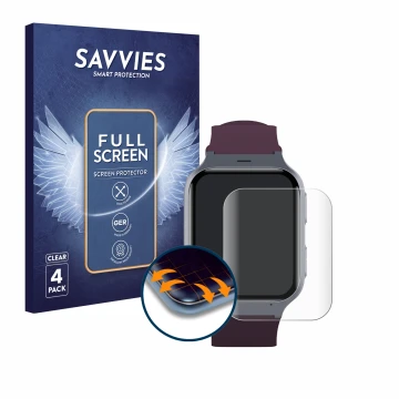 Front side of a product packaging with the brand logo Savvies. Next to it is the device TCL Safety Watch MT43AX shown with the