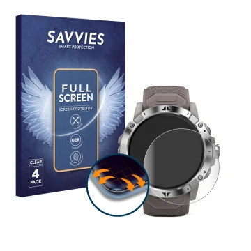 Front side of a product packaging with the brand logo Savvies. Next to it is the device Coros Vertix 2 shown with the correspo