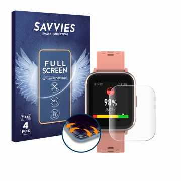 Front side of a product packaging with the brand logo Savvies. Next to it is the device Denver SW-164 shown with the correspon