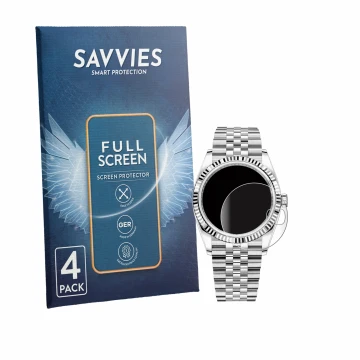 Front side of a product packaging with the brand logo Savvies. Next to it is the device Rolex Datejust 36 shown with the corre