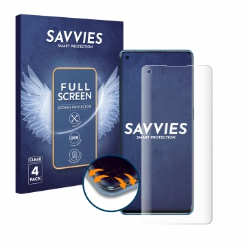 Front side of a product packaging with the brand logo Savvies. Next to it is the device Oppo Reno 6 Pro 5G (Snapdragon) shown 
