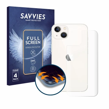 Front side of a product packaging with the brand logo Savvies. Next to it is the device Apple iPhone 13 (Back) shown with the 