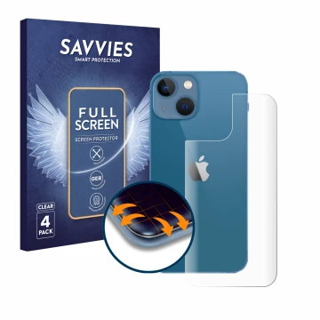 Front side of a product packaging with the brand logo Savvies. Next to it is the device Apple iPhone 13 mini (Back) shown with